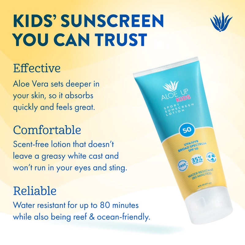 Aloe Up Kids Sport Sunscreen Lotion SPF 50 - Broad Spectrum Sheer Face and Body Sunscreen Protector for Sensitive Skin - With Aloe Vera Gel - Dries Fast - Reef Safe - Fragrance-Free - 6 Oz - Image 2