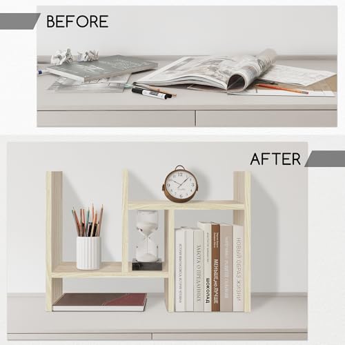 Jerry & Maggie Desktop Organizer Office Storage Rack Adjustable Wood Display Shelf Free Style Double H, Multi-Functional Mini Bookshelf for Desk Natural Stand (White Wood Tone) - Image 2