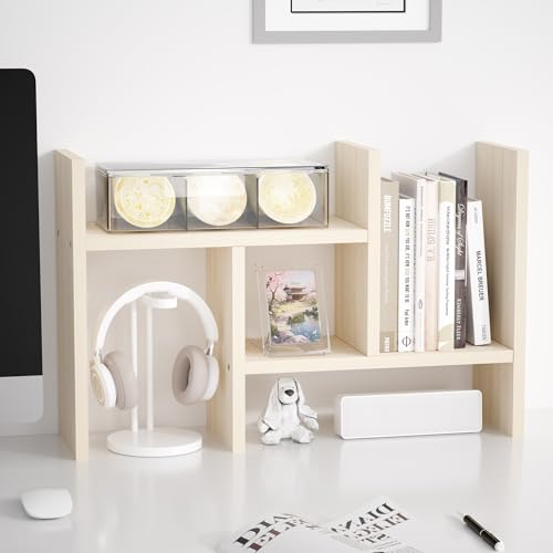Jerry & Maggie Desktop Organizer Office Storage Rack Adjustable Wood Display Shelf Free Style Double H, Multi-Functional Mini Bookshelf for Desk Natural Stand (White Wood Tone) - Image 1