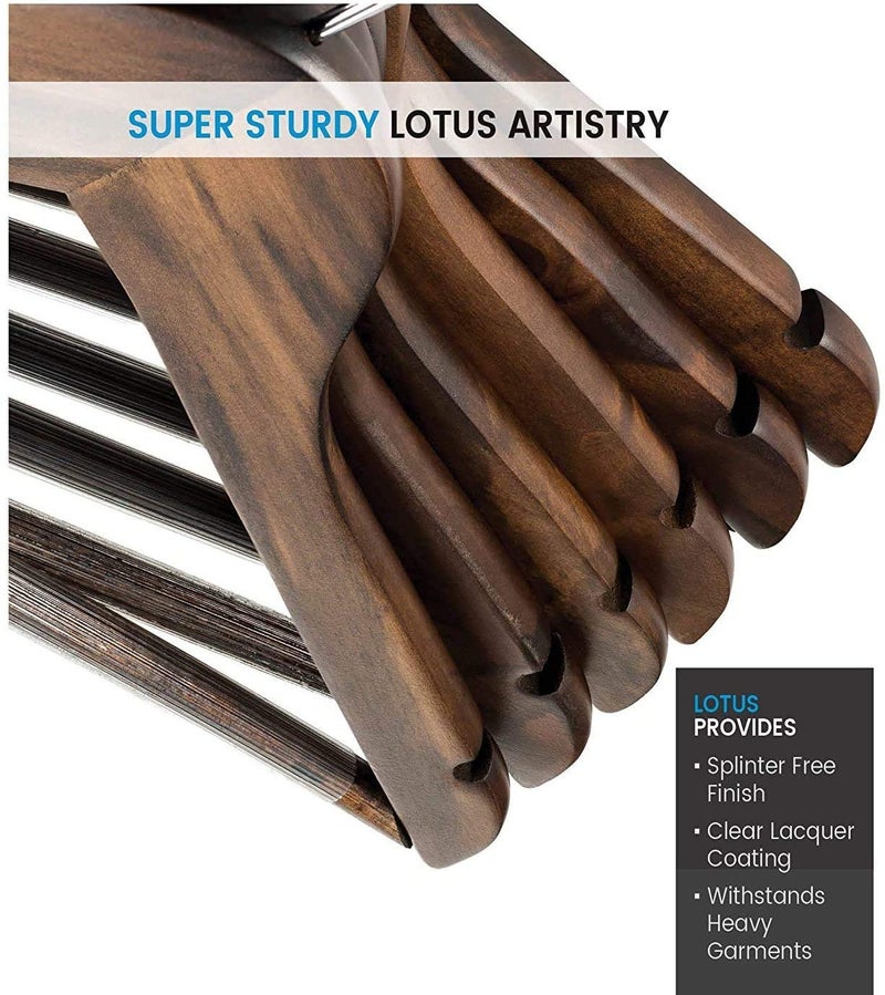 WHISKET - Lotus Premium Wooden Hangers- Vintage Style, Smooth Finish, Non-Slip Pant Bar, 360° Swivel Hook – for Closet Organization, Shirts, Coats, Jackets, and Dresses. (Walnut) [Pack of 10] - Image 2