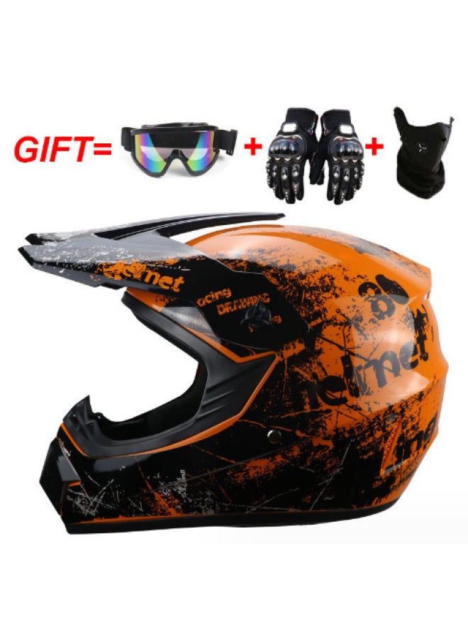 ABS Material Bright Orange Floral Half Helmet with Goggles, Mask, and Gloves for Motorcycle Off-Road Riding