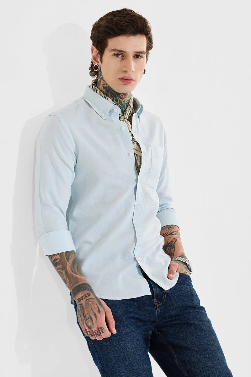 سنيتش Light Blue Solid Long Sleeve Slim Fit Casual Shirt