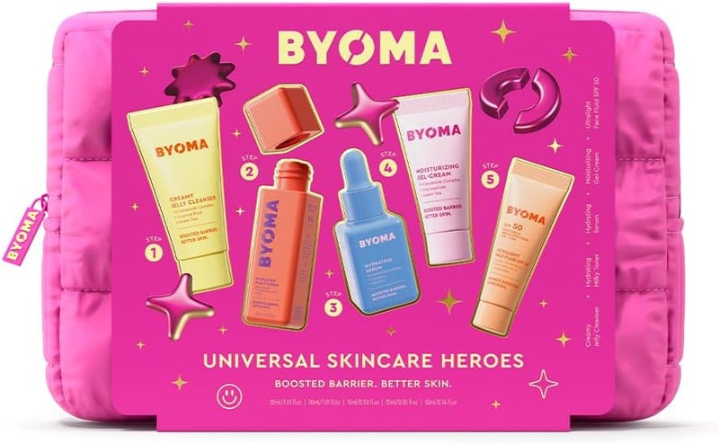BYOMA Universal Skincare Heroes 5Piece Kit Skincare Gift Set with Jelly Cleanser Milky Toner Hydrating Serum Gel Cream SPF 50 Skin Barrier Repair Gift Set with Makeup Bag