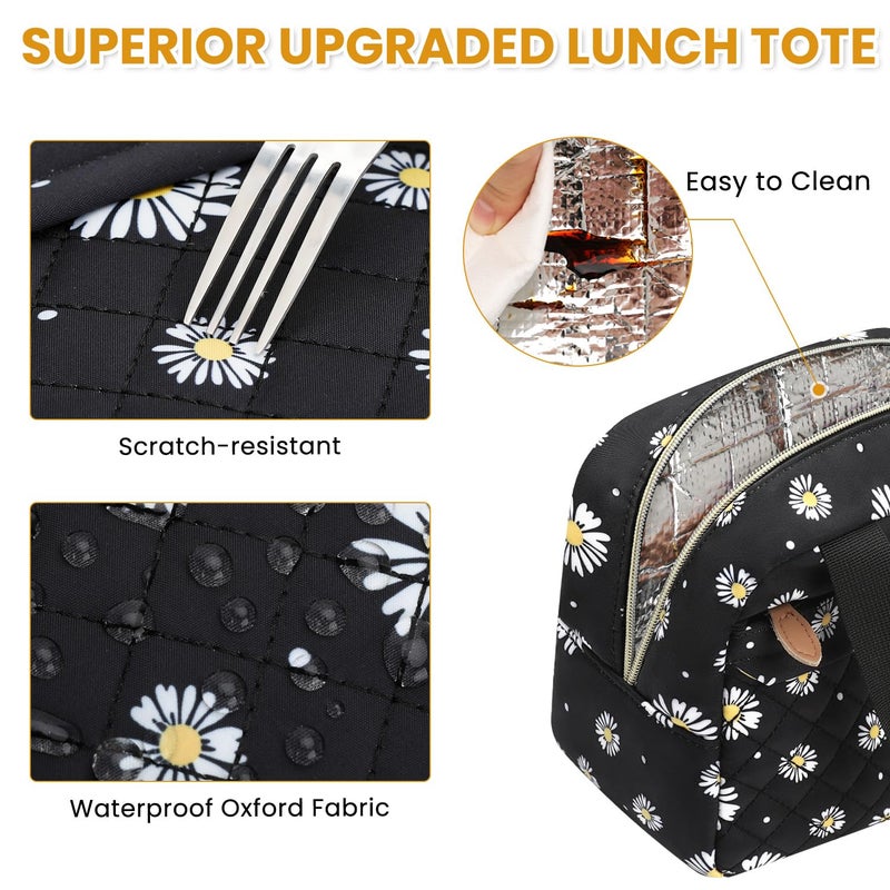 ELONGRIVER Insulated Lunch Bag for Women, Portable Lightweight Lunch Box for Adults, Reusable Small Lunch Tote Cooler Bags with Front Zipper Pocket for Work School Picnic(Black-Floral) - Image 5