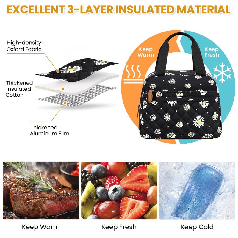 ELONGRIVER Insulated Lunch Bag for Women, Portable Lightweight Lunch Box for Adults, Reusable Small Lunch Tote Cooler Bags with Front Zipper Pocket for Work School Picnic(Black-Floral) - Image 3