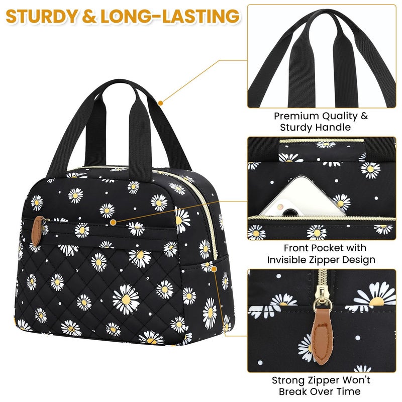 ELONGRIVER Insulated Lunch Bag for Women, Portable Lightweight Lunch Box for Adults, Reusable Small Lunch Tote Cooler Bags with Front Zipper Pocket for Work School Picnic(Black-Floral) - Image 4