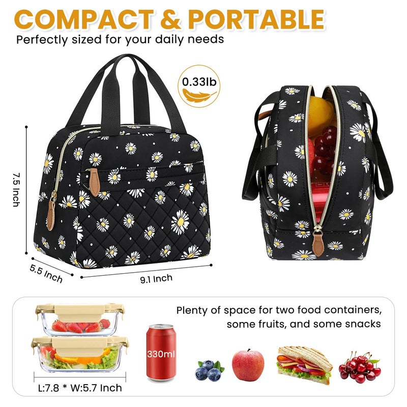 ELONGRIVER Insulated Lunch Bag for Women, Portable Lightweight Lunch Box for Adults, Reusable Small Lunch Tote Cooler Bags with Front Zipper Pocket for Work School Picnic(Black-Floral) - Image 2