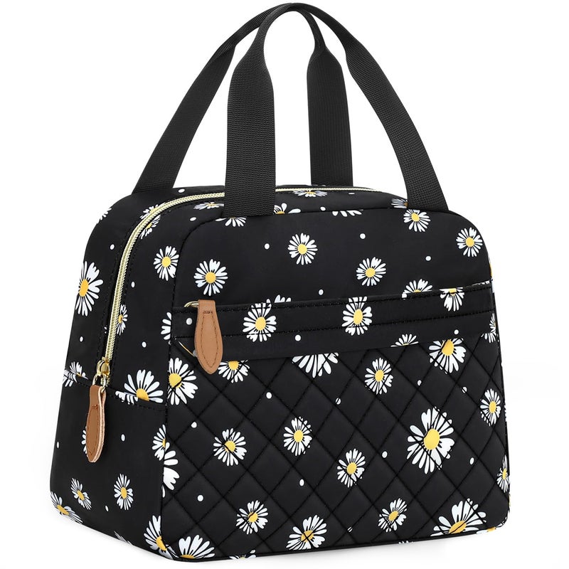 ELONGRIVER Insulated Lunch Bag for Women, Portable Lightweight Lunch Box for Adults, Reusable Small Lunch Tote Cooler Bags with Front Zipper Pocket for Work School Picnic(Black-Floral) - Image 1