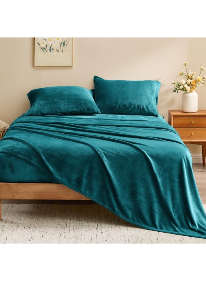 BEDELITE Flannel Sheets Queen Size Teal - Super Soft Fleece Sheets Set Fluffy Extra Plush, 4 Piece(Include Fitted Sheet, Flat Sheet, 2 Pillowcases) - Image 4