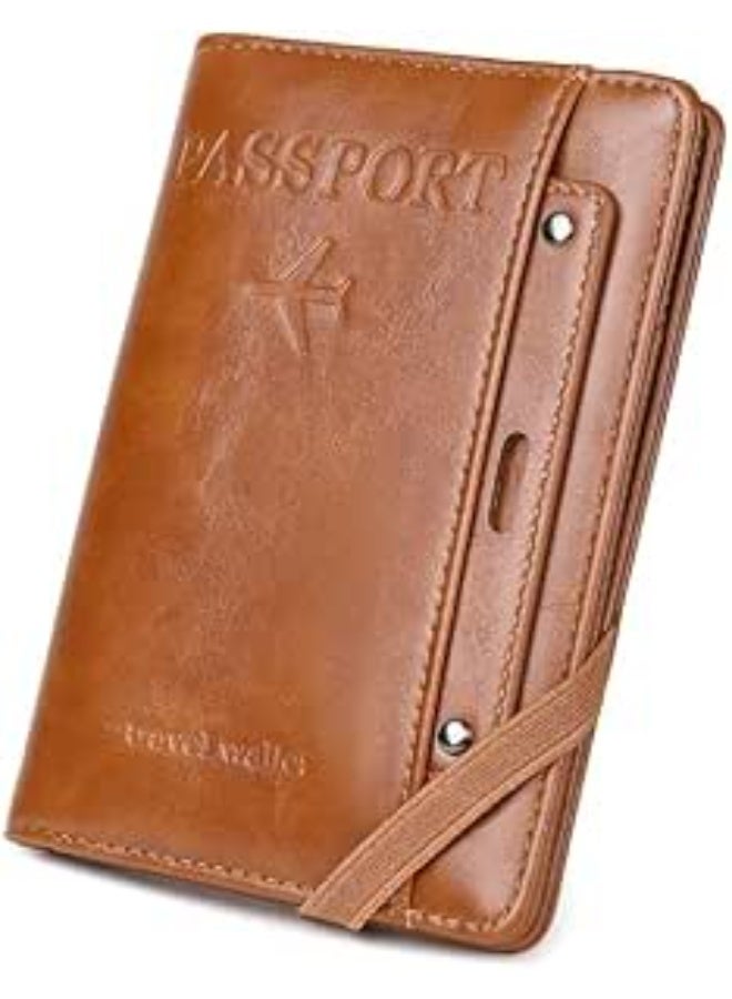 Passport Holder Protective Cover PU Leather Travel Document Holder Slim Wallet Accessories Organiser Case EU Passport SIM Pen Slot for Vaccination Card, Credit Card, ID, Boarding Pass (Brwon)