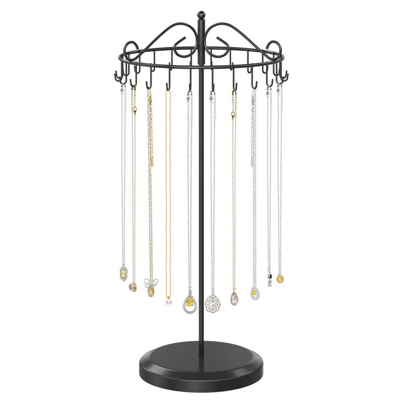 iDavosic.ly iDavosicly Rotating Necklace Holder Organizer with 24 Hooks Adjustable Metal Bracelet Display Stand Rack Extra Tall Keychain Spinning Tree Tower for Women Black - Image 2