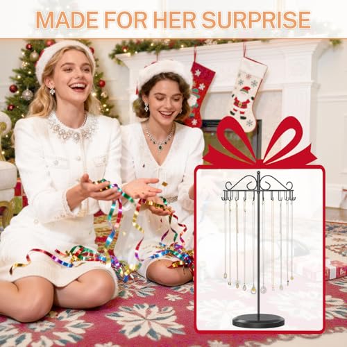 iDavosic.ly iDavosicly Rotating Necklace Holder Organizer with 24 Hooks Adjustable Metal Bracelet Display Stand Rack Extra Tall Keychain Spinning Tree Tower for Women Black - Image 3