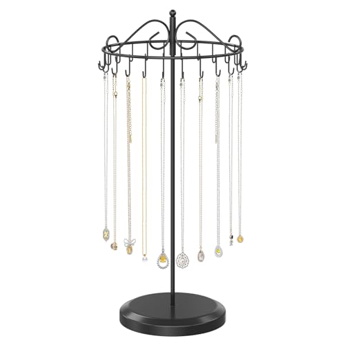 iDavosic.ly iDavosicly Rotating Necklace Holder Organizer with 24 Hooks Adjustable Metal Bracelet Display Stand Rack Extra Tall Keychain Spinning Tree Tower for Women Black - Image 1