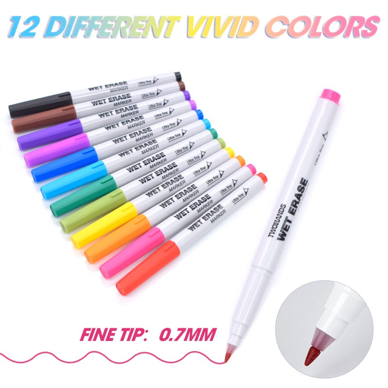 TWOHANDS Wet Erase Markers Ultra Fine Tip,0.7mm,Low Odor,Extra Fine Point,12 Assorted Colors,Whiteboard Markers for Office,Home,or Planning Dry Erase Board,20703 - Image 2