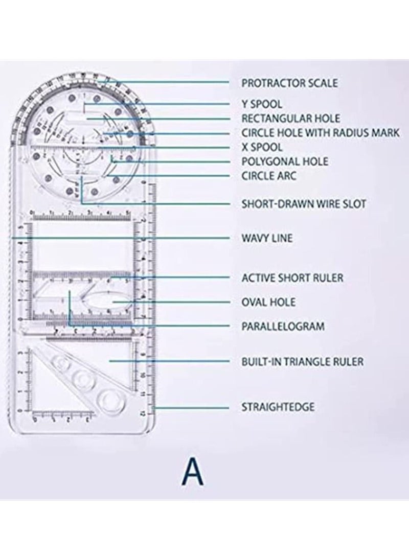 Drawing Ruler, New Multifunctional Geometric Ruler Geometric Drawing Template Measuring Tool Plastic Draft Rulers for School Office Supplies for Studying, Designing and Building, 1 Pcs
