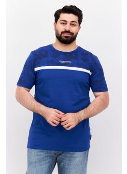 Men Round Neck Short Sleeve Brand Logo T Shirt, Blue