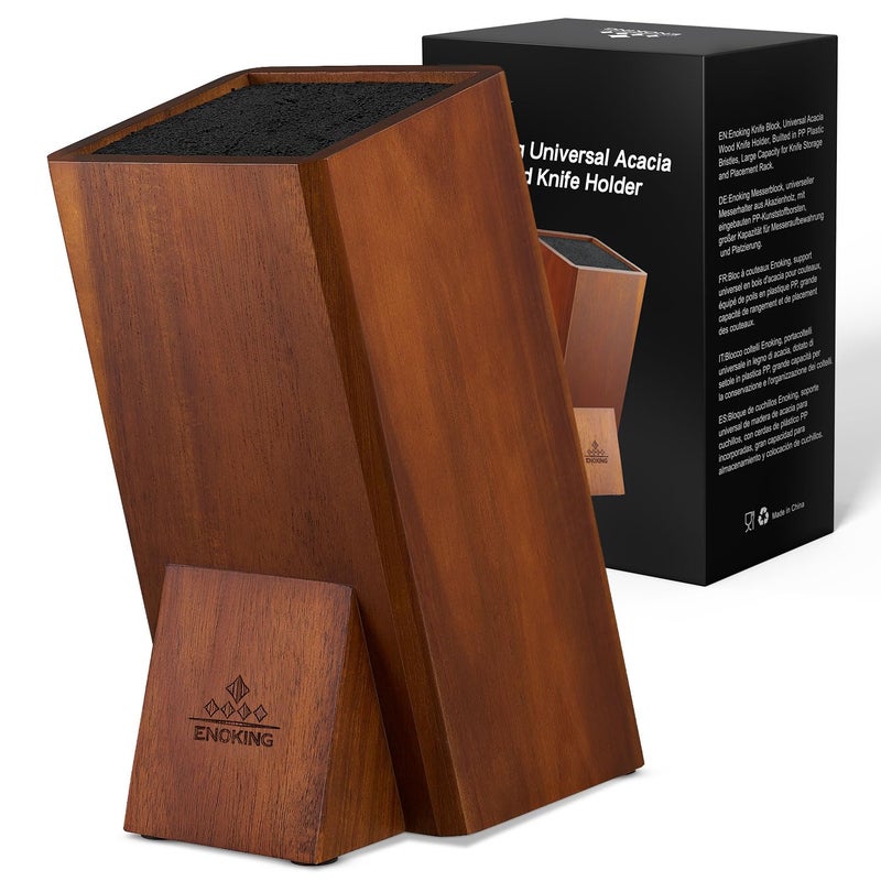 كتلة سكاكين عالمية خشبية من ENOKING كتلة سكاكين بدون سكاكين حامل سكاكين خشب الأكاسيا قاعدة تخزين مع شعيرات بلاستيكية قابلة للإزالة لرف تخزين السكاكين على سطح المطبخ 1 طبقة