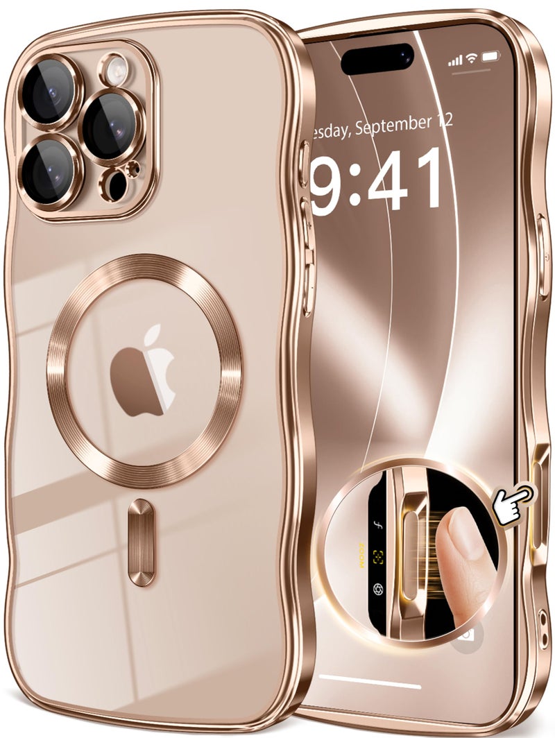 GVIEWIN for iPhone 16 Pro Max Case Compatible with MagSafe, Upgraded [Full Camera Protection][Cute Wave Frame][Military Grade Protection] Electroplated Soft Phone Cover for Women Girl, Clear/Rose Gold - Image 1