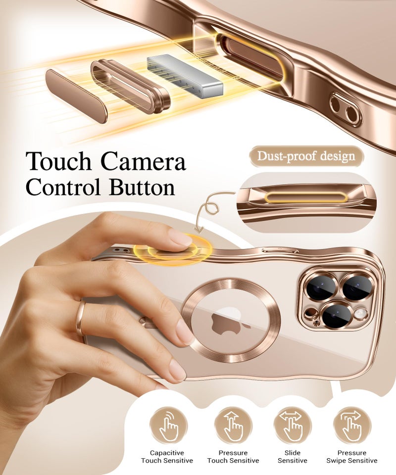GVIEWIN for iPhone 16 Pro Max Case Compatible with MagSafe, Upgraded [Full Camera Protection][Cute Wave Frame][Military Grade Protection] Electroplated Soft Phone Cover for Women Girl, Clear/Rose Gold - Image 3