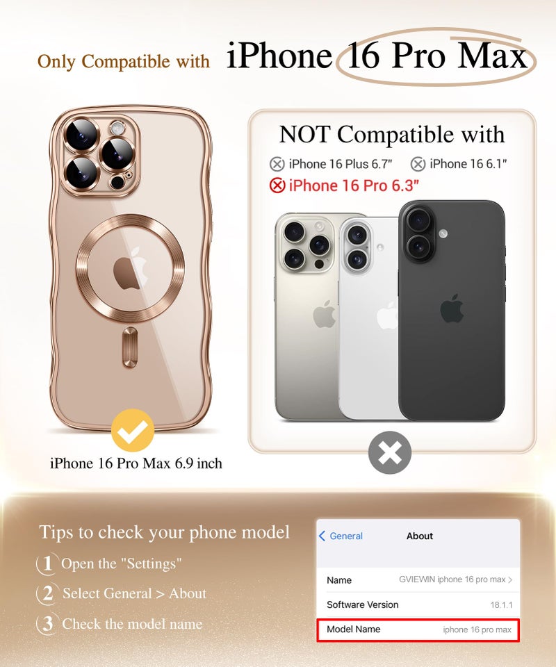 GVIEWIN for iPhone 16 Pro Max Case Compatible with MagSafe, Upgraded [Full Camera Protection][Cute Wave Frame][Military Grade Protection] Electroplated Soft Phone Cover for Women Girl, Clear/Rose Gold - Image 2
