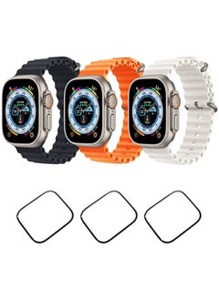 Silicone Ocean Band Strap for Apple Watch Ultra 8 49mm Black,Orange and White Set of 3 with 3 * 49mm Watch glass