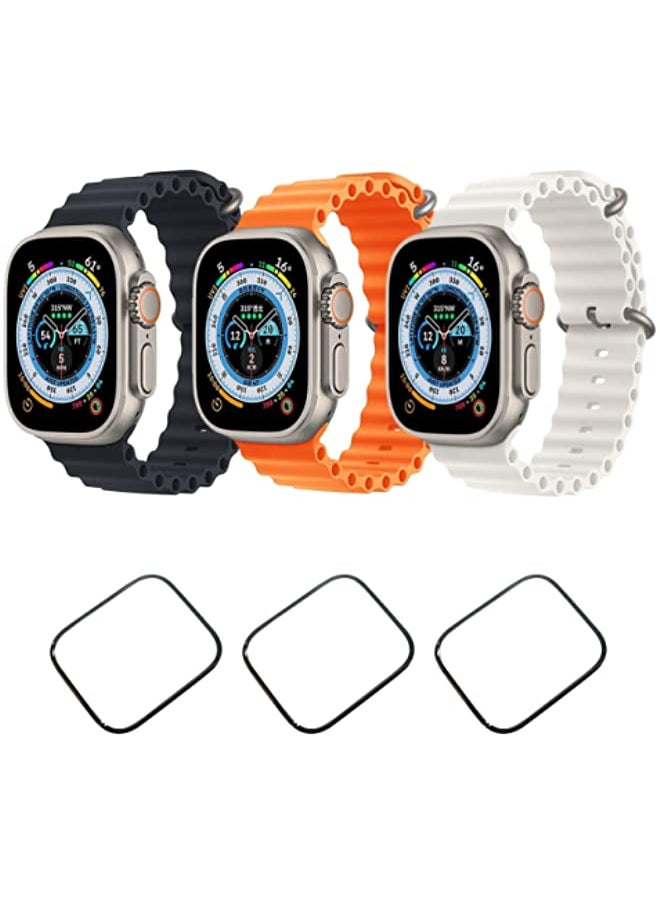 vesus - Silicone Ocean Band Strap for Apple Watch Ultra 8 49mm Black,Orange and White Set of 3 with 3 * 49mm Watch glass - Image 1