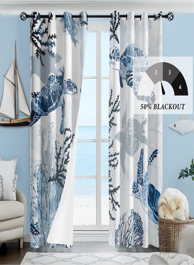 weesire Nautical Coastal Curtains Decorative Beach Ocean Sea Turtle Coral 50% Light Blocking Sea Darkening Grommet Curtain For Villa Living Room, Bedroom Navy Blue and White 2 Panels Set, 52x63 Inches - Image 2