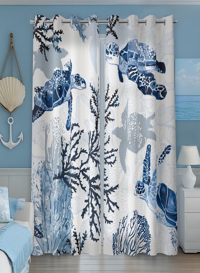 weesire Nautical Coastal Curtains Decorative Beach Ocean Sea Turtle Coral 50% Light Blocking Sea Darkening Grommet Curtain For Villa Living Room, Bedroom Navy Blue and White 2 Panels Set, 52x63 Inches - Image 3