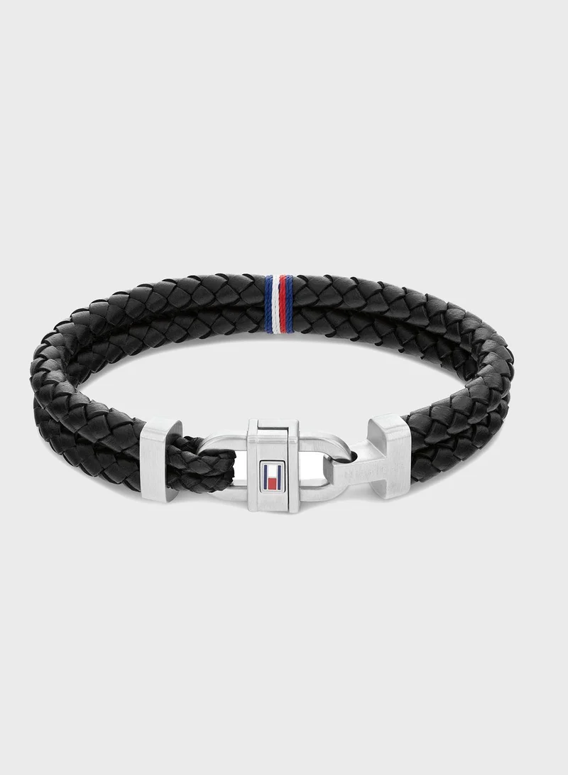 Tommy Hilfiger Mens Bracelet With Black Leather And Stainless Steel Closure - 2790361