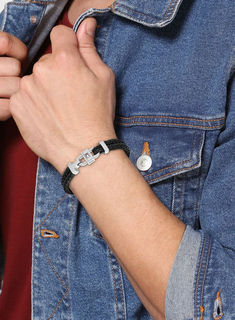 Tommy Hilfiger Mens Bracelet With Black Leather And Stainless Steel Closure - 2790361