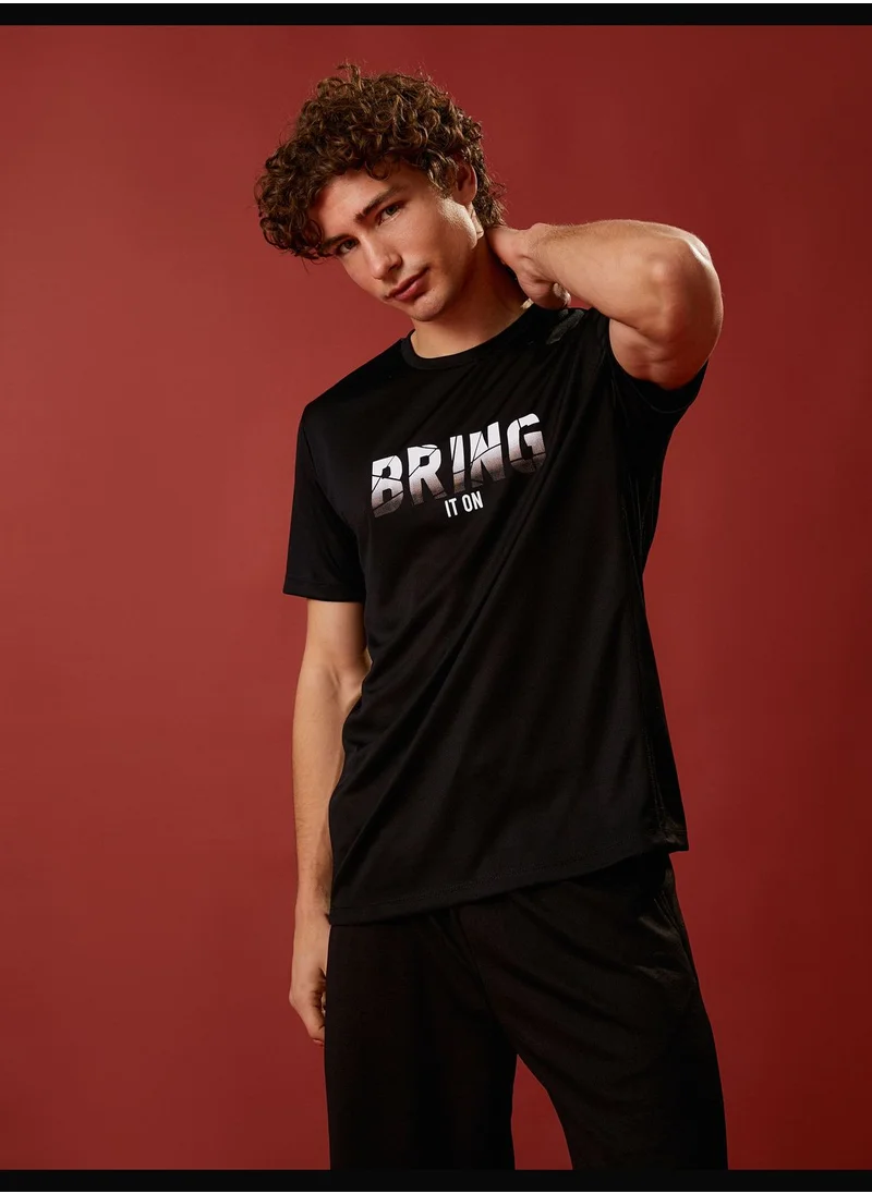 كوتون Sport T-Shirt Slogan Printed Crew Neck Short Sleeve