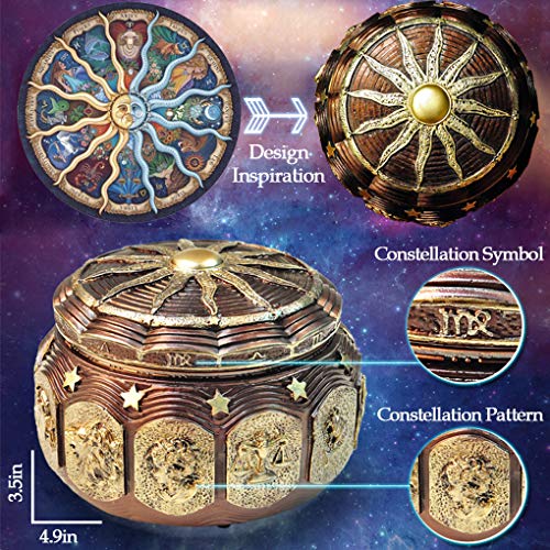 Briskfeel Vintage Music Box with Constellations Rotating Goddess LED Lights Twinkling Resin Carved Mechanism Musical Box with Sankyo 18-Note Wind Up Signs of The Zodiac Gift for Birthday (A1 Vintage) - Image 4