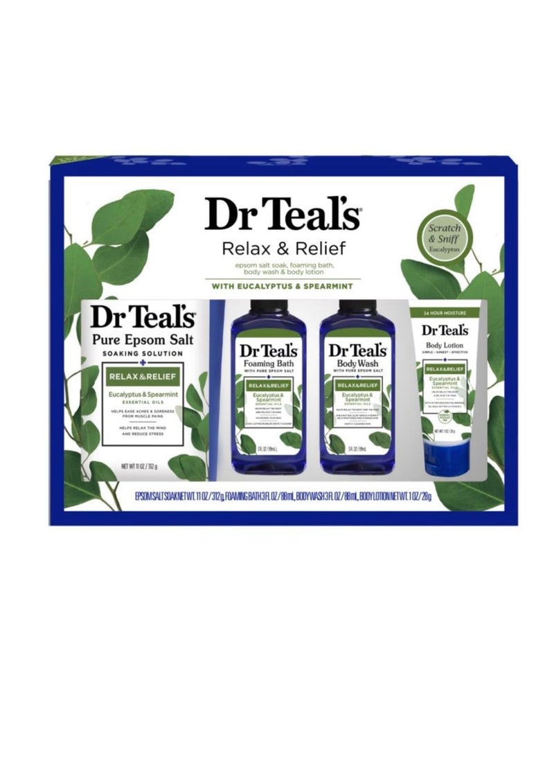 Dr Teal's Dr Teal's Relax & Relief Eucalyptus & Spearmint Epsom Salt 11oz & Foaming Bath Oil, Body Wash 3oz & Body Lotion 1oz Set  - Image 1