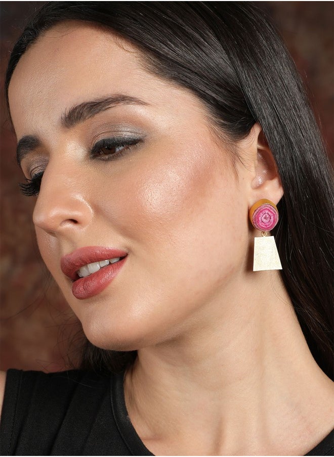 ISHIN Gold-Toned & Pink Square Drop Earrings  - Image 4