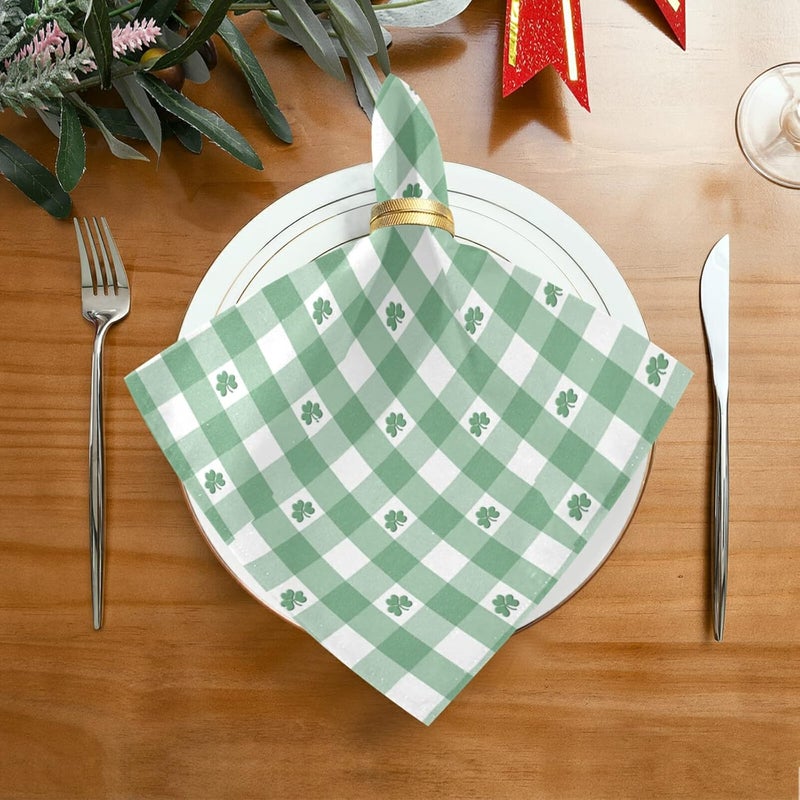 senya St Patricks Day Cloth Napkin Green White Gingham Pattern Shamrocks Cloth Napkin Set of 6 Washable Reusable Polyester Table Napkins for Family Dinner Party - Image 3