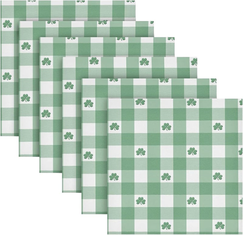senya St Patricks Day Cloth Napkin Green White Gingham Pattern Shamrocks Cloth Napkin Set of 6 Washable Reusable Polyester Table Napkins for Family Dinner Party - Image 1