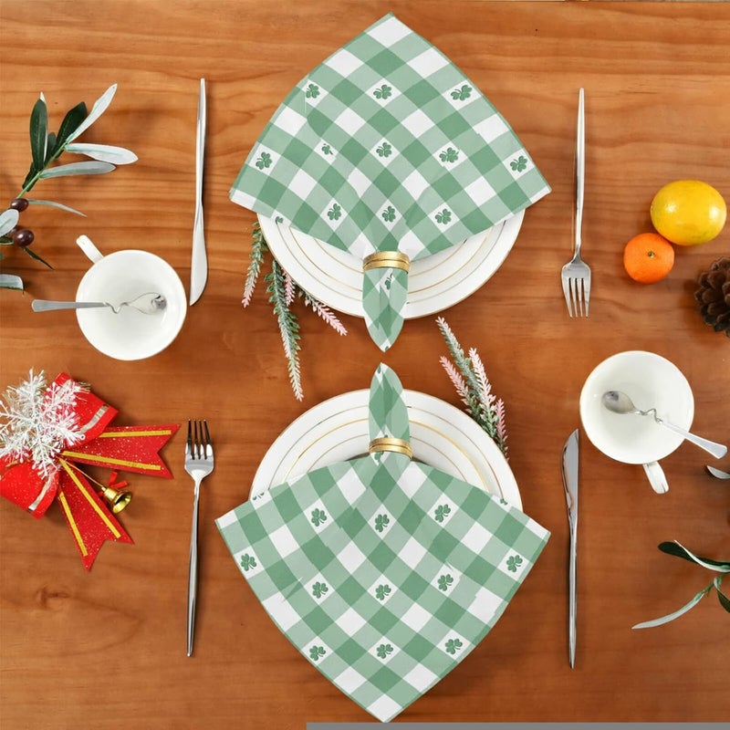 senya St Patricks Day Cloth Napkin Green White Gingham Pattern Shamrocks Cloth Napkin Set of 6 Washable Reusable Polyester Table Napkins for Family Dinner Party - Image 5