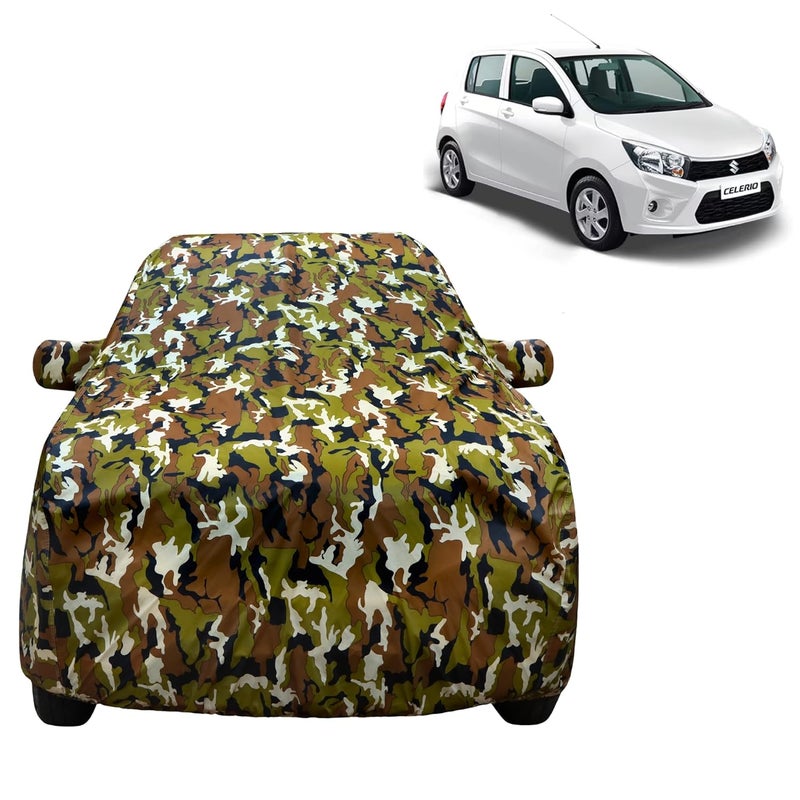 VYAS 100% Waterproof Car Body Cover for Maruti Suzukiu Celero (2014-2025) with Mirror Pocket Triple Stitched Belt & Buckle Fitting Dual Elastic, Durable Material Jungle Print Camouflage Design - Image 1