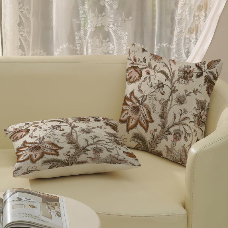 DAFENA Brown Chinoiserie Pillow Covers 18x18 Inch 2 Pcs Spring Fall Floral Decor Throw Pillows Boho Vintage Flower Seasonal Outdoor Indoor Decoration Pillowcase Linen Cushion Cover for Couch Sofa - Image 4