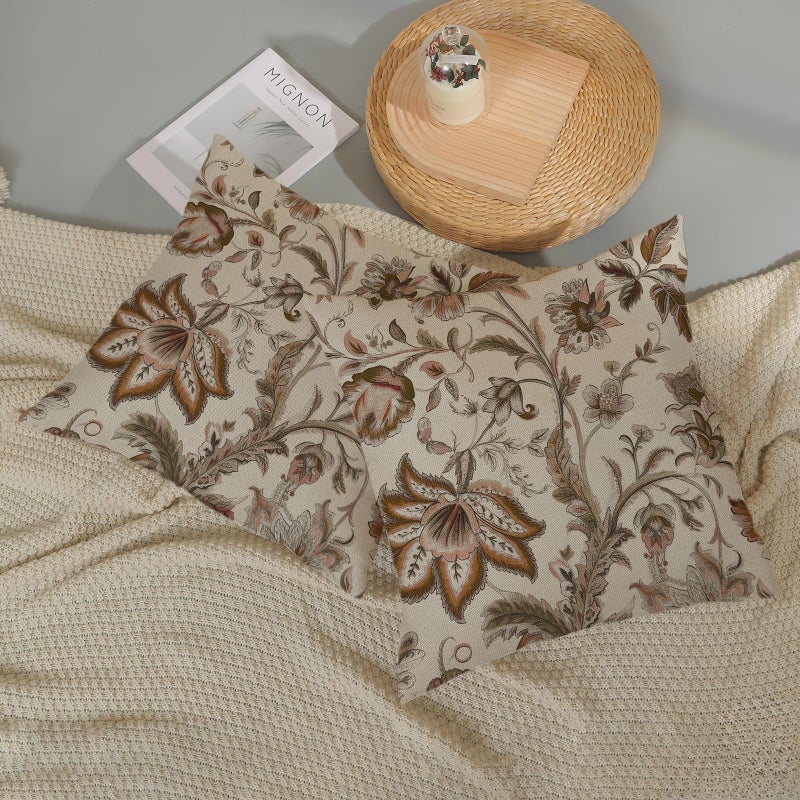 DAFENA Brown Chinoiserie Pillow Covers 18x18 Inch 2 Pcs Spring Fall Floral Decor Throw Pillows Boho Vintage Flower Seasonal Outdoor Indoor Decoration Pillowcase Linen Cushion Cover for Couch Sofa - Image 5