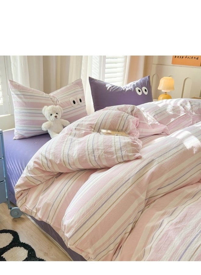 Generic 4 Piece Satisfying Bedding Set Dopamine All Cotton Color Woven Washed Cotton Stripes Pure Cotton Bed Sheet Set  - Image 1