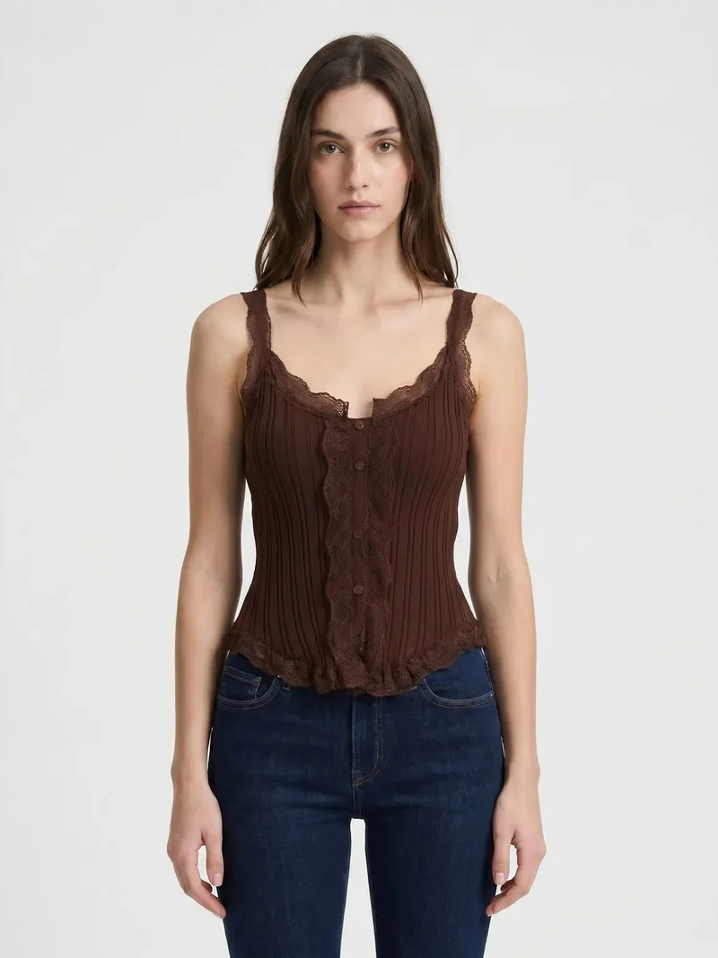 ميكسراي MIXRAY Fitted sleeveless lace ribbed blouse with buttons