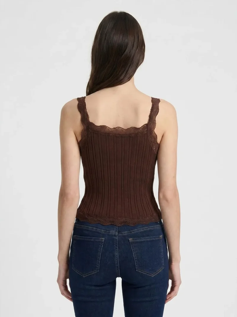Mixray Chestnut Brown MIXRAY Fitted sleeveless lace ribbed blouse with buttons for Women | Best Price UAE