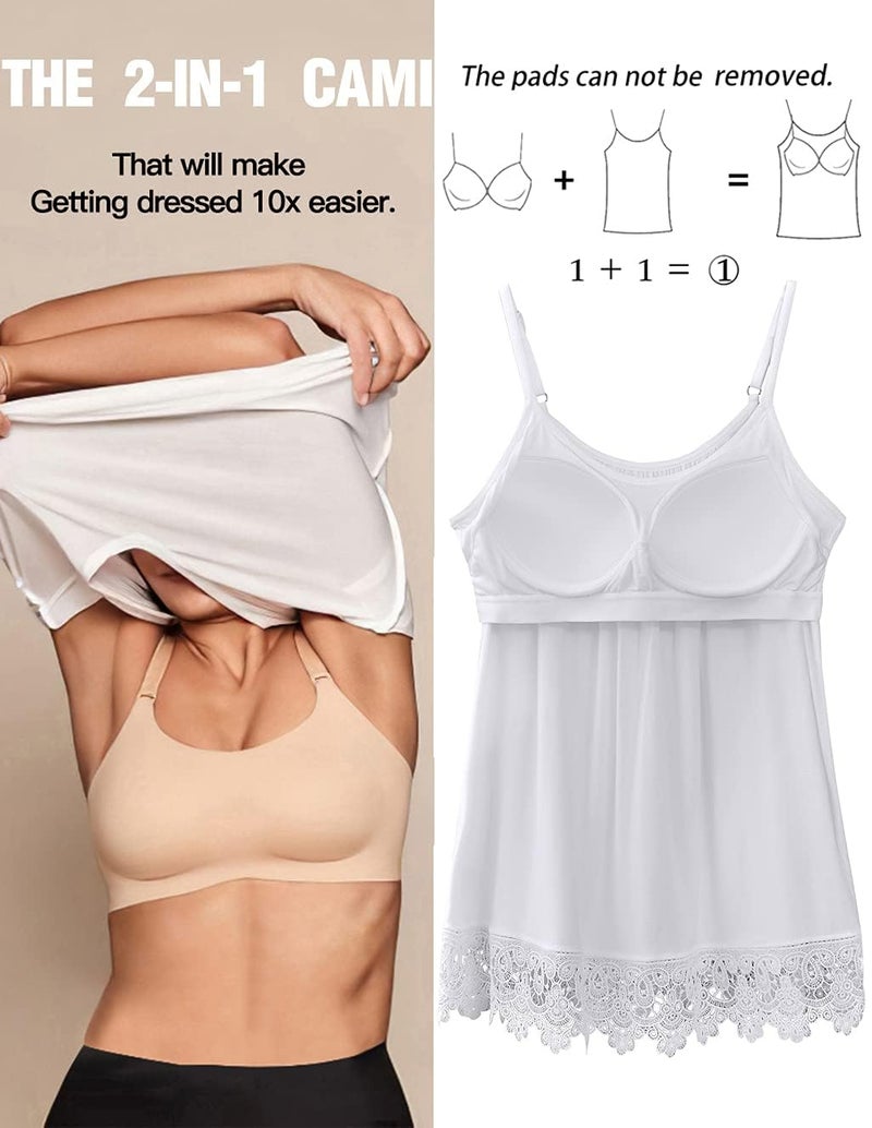 ANYFITTING Tank Top with Built in Bra for Women Camisole Adjustable Strap Padded Bra Cami Sleeveless Summer Tops with Lace Trim Hem - Image 2