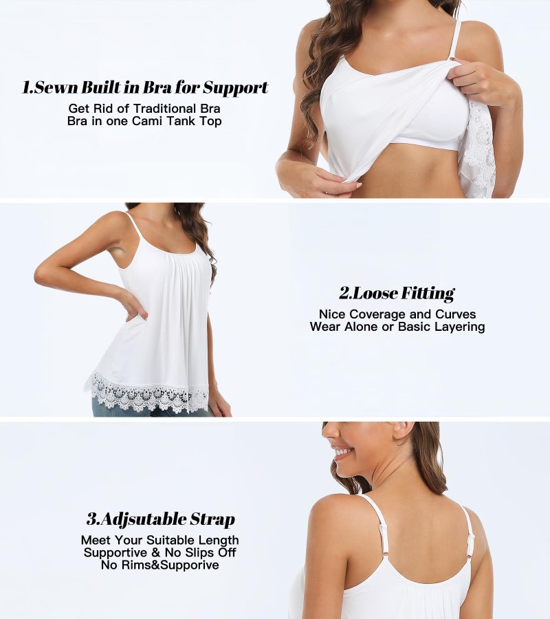 ANYFITTING Tank Top with Built in Bra for Women Camisole Adjustable Strap Padded Bra Cami Sleeveless Summer Tops with Lace Trim Hem - Image 3