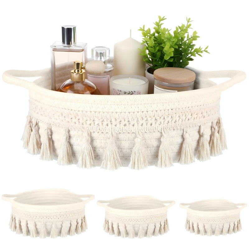 LemonRoad 3 Pcs Round Hand Woven Storage Basket with Handle Multi-size Cotton Rope Small Container Bin for Shelves Empty Gift Basket Closet Toilet Bathroom Nursery Dresser Organizer Boho Decor (White) - Image 1