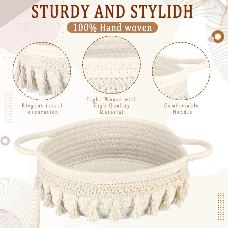 LemonRoad 3 Pcs Round Hand Woven Storage Basket with Handle Multi-size Cotton Rope Small Container Bin for Shelves Empty Gift Basket Closet Toilet Bathroom Nursery Dresser Organizer Boho Decor (White) - Image 3