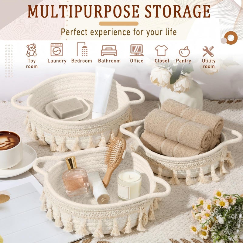 LemonRoad 3 Pcs Round Hand Woven Storage Basket with Handle Multi-size Cotton Rope Small Container Bin for Shelves Empty Gift Basket Closet Toilet Bathroom Nursery Dresser Organizer Boho Decor (White) - Image 4