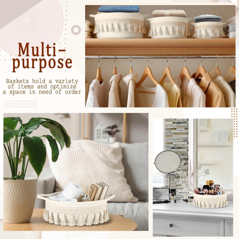 LemonRoad 3 Pcs Round Hand Woven Storage Basket with Handle Multi-size Cotton Rope Small Container Bin for Shelves Empty Gift Basket Closet Toilet Bathroom Nursery Dresser Organizer Boho Decor (White) - Image 5