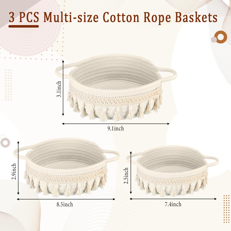 LemonRoad 3 Pcs Round Hand Woven Storage Basket with Handle Multi-size Cotton Rope Small Container Bin for Shelves Empty Gift Basket Closet Toilet Bathroom Nursery Dresser Organizer Boho Decor (White) - Image 2